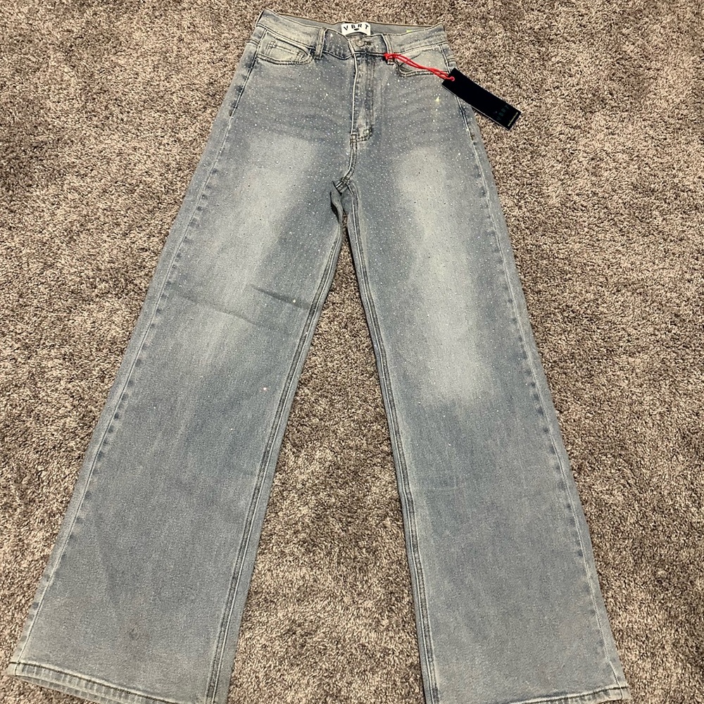 Light Blue Flare & Wide Leg Jeans with rhinestones
